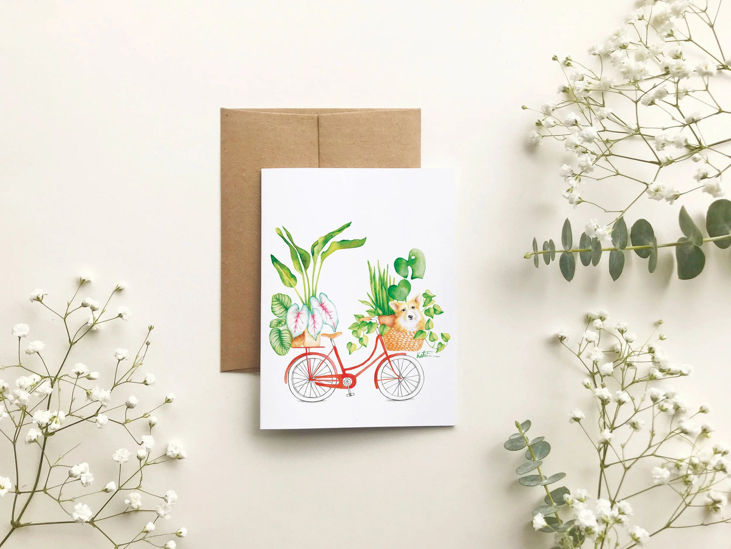 Carte de souhait - Vélo, plante et chien