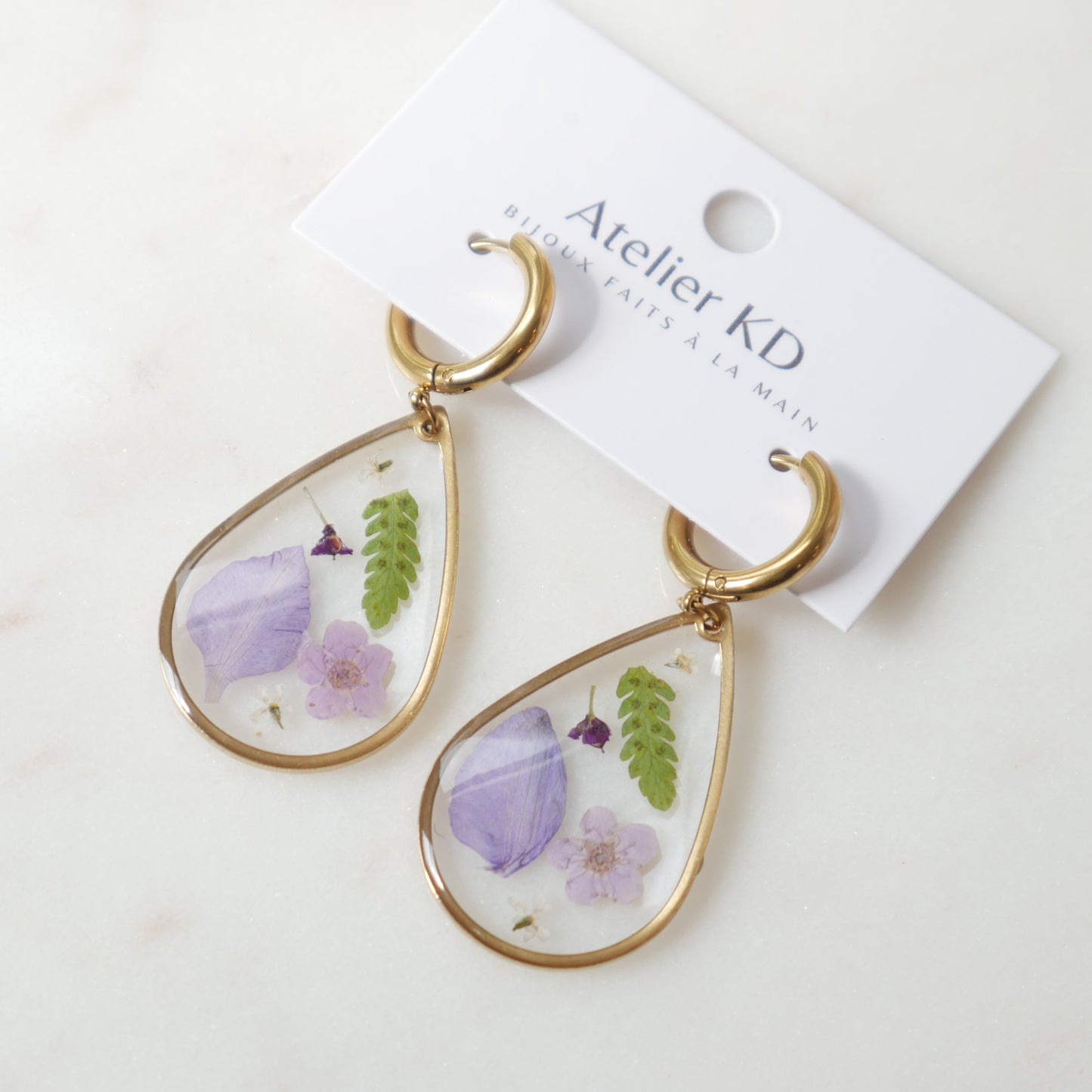 Boucles d'oreilles - les Violettes et la fougères - goute (XL 32mm)