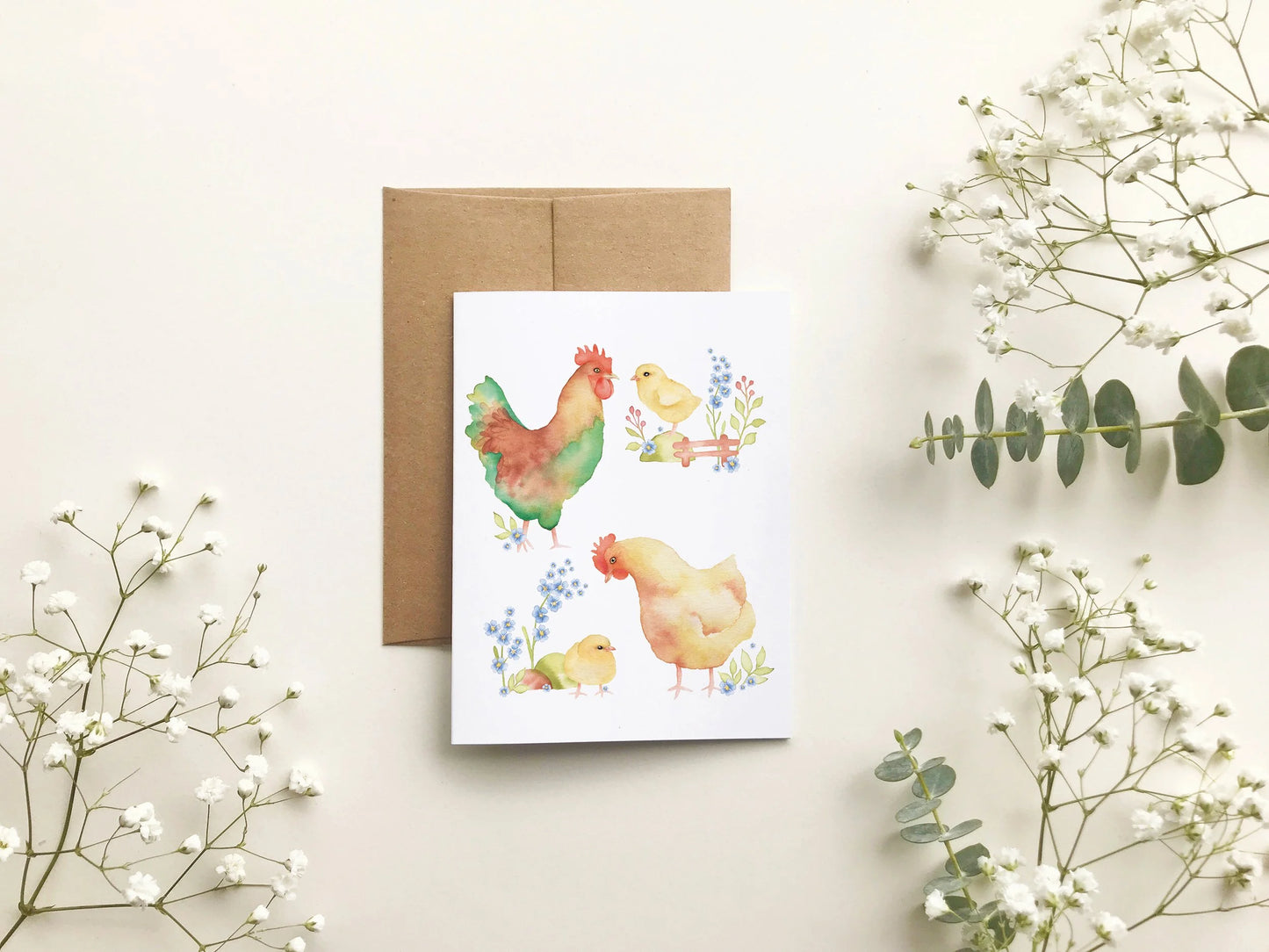 Carte de souhait - Poule, coq et poussins