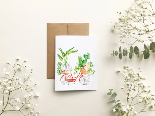 Carte de souhait - Vélo, plante et chien