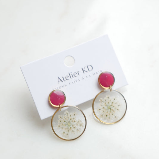 Boucles d'oreilles duo Estelle blanche et framboise - rond (25mm)