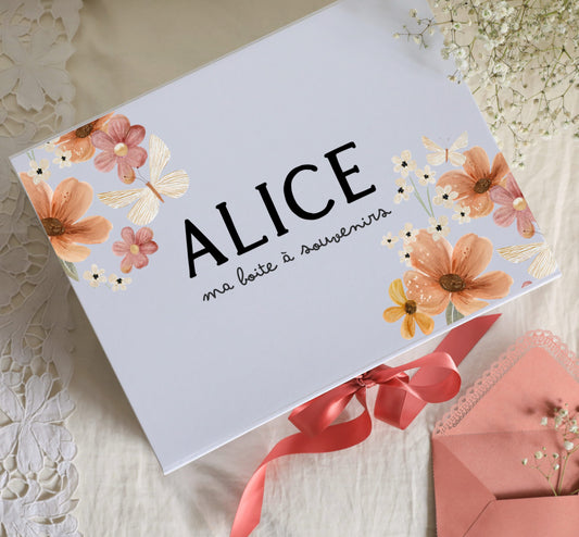 Boite souvenirs blanche – Fleurs et papillons