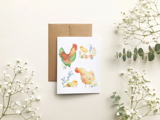 Carte de souhait - Poule, coq et poussins