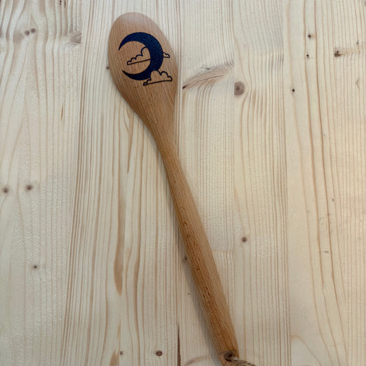 Cuillère en bois à bout rond pyrogravée à la main – Croissant de lune