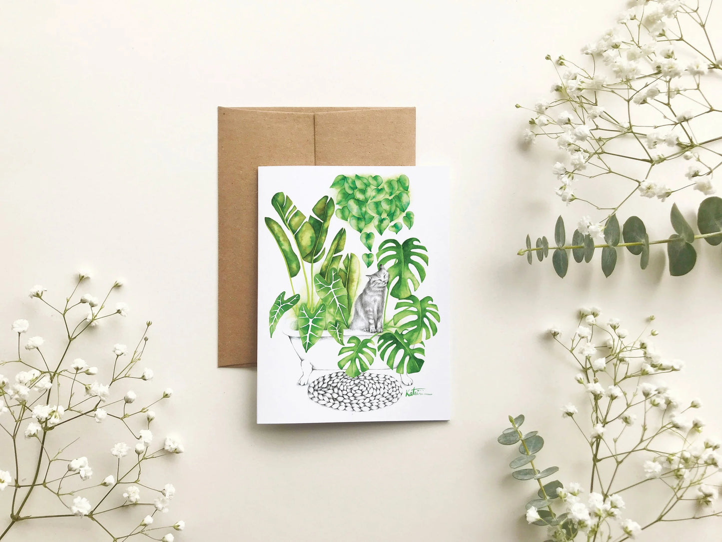 Carte de souhait - Chat, plantes jungle d'intérieur