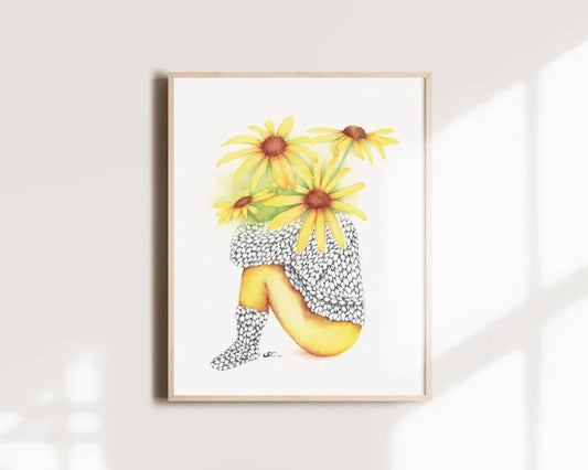 Affiche - Femme fleur jaune et laine