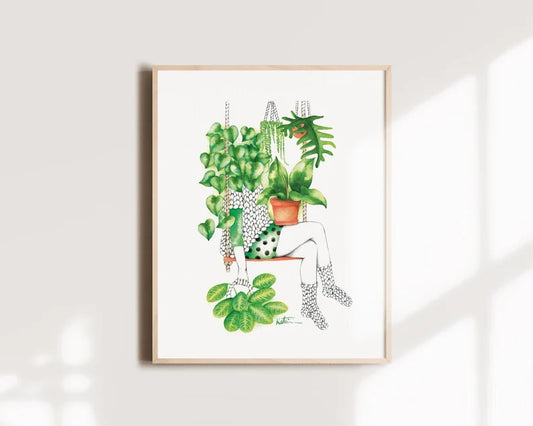 Affiche - Femme tricot passion plantes d'intérieur