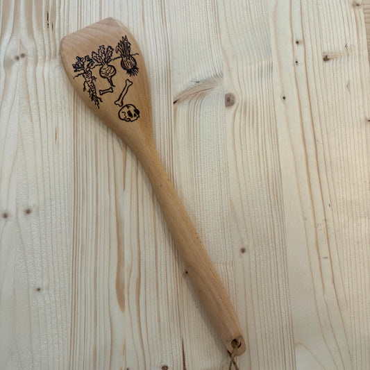 Cuillère en bois à bout plat pyrogravée à la main – Jardin macabre