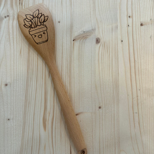 Cuillère en bois à bout plat pyrogravée à la main – Plante