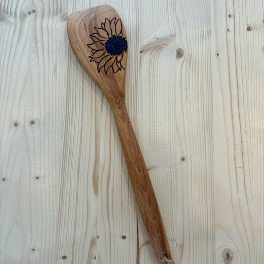 Cuillère en bois à bout plat pyrogravée à la main – Tournesol